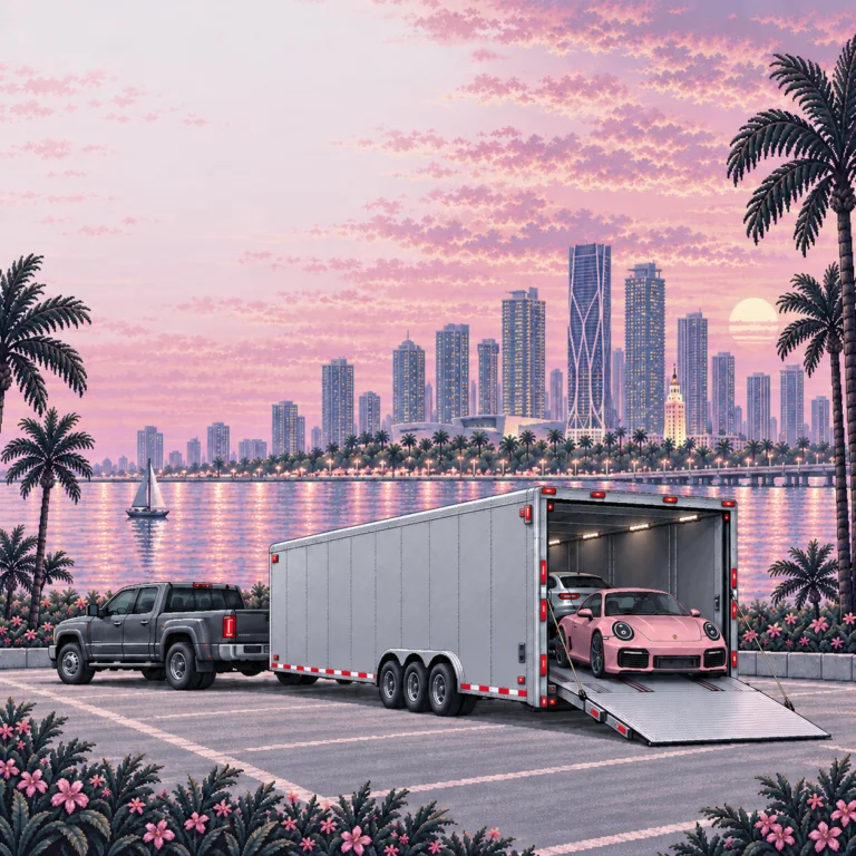 Modern enclosed car carrier with a pink sports car beside Miami’s Biscayne Bay skyline