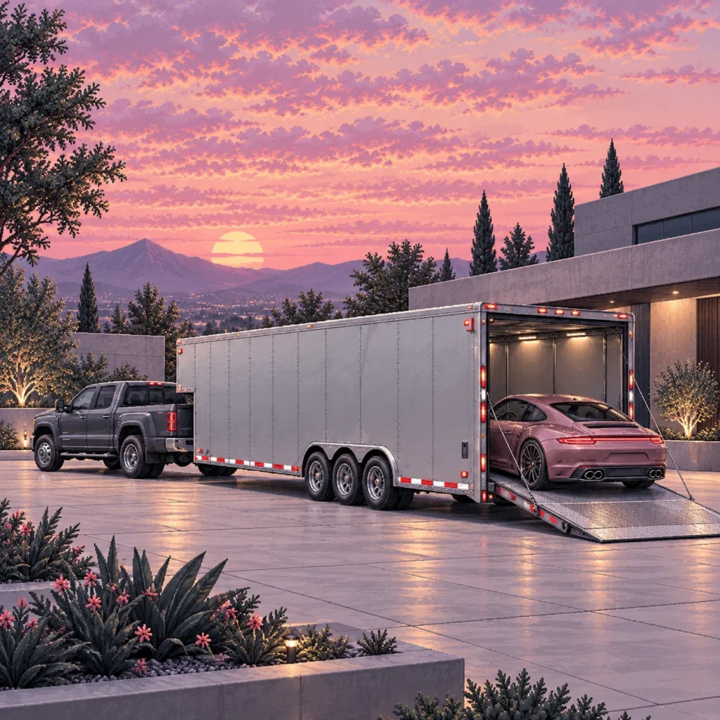 Pixel-art illustration of a sports car loading into an enclosed vehicle trailer