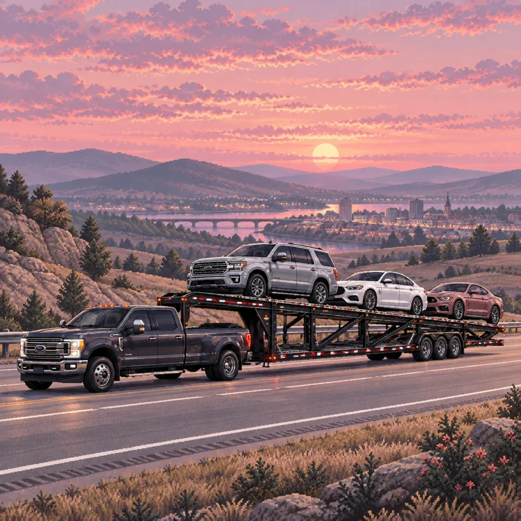 Pixel-art illustration of a pickup towing an open carrier with three vehicles