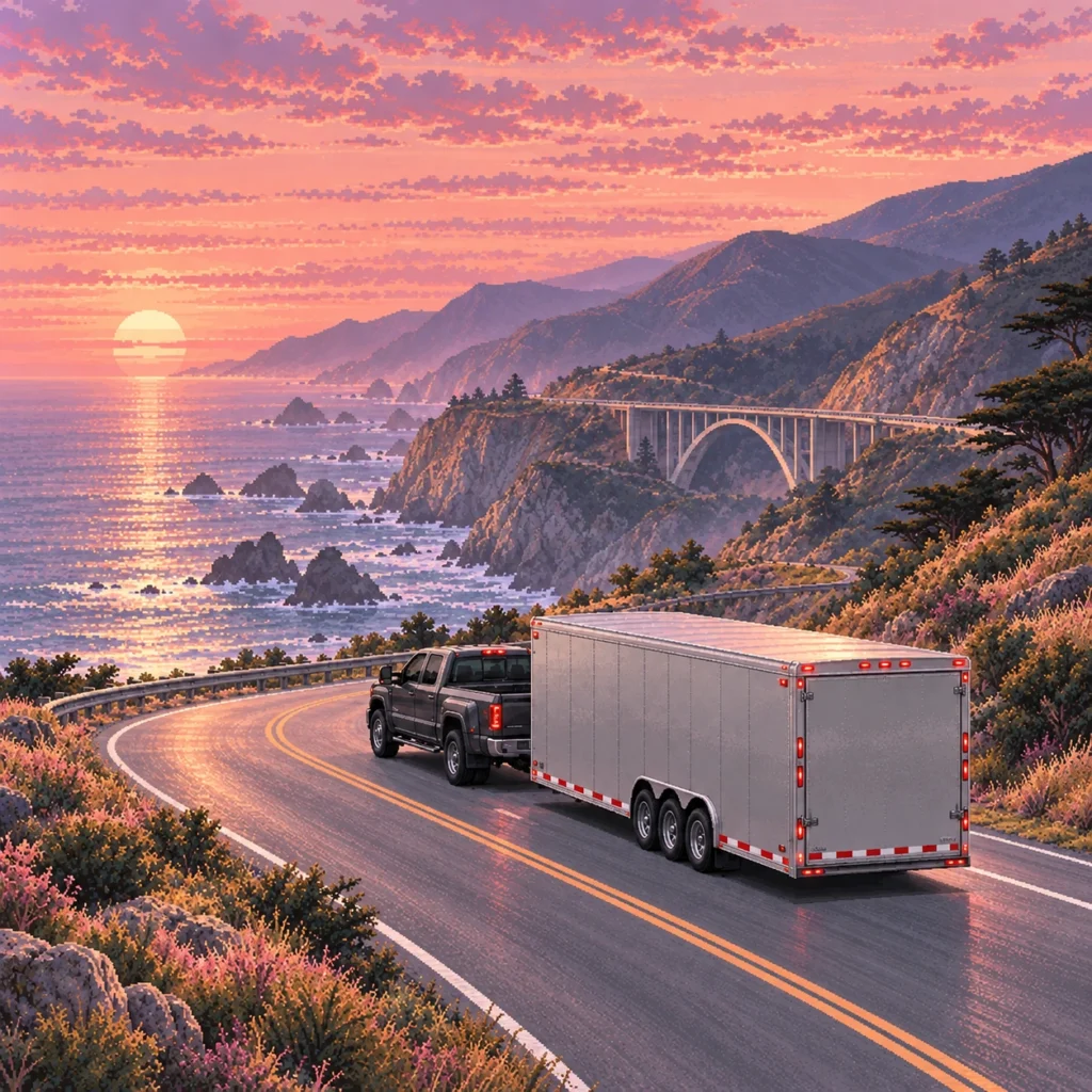 Pixel-art illustration of a pickup and enclosed trailer on the California coast