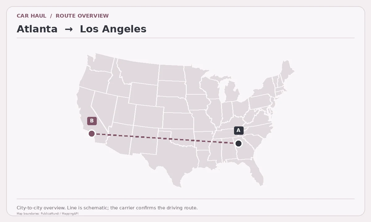 Map showing Atlanta as pickup point A and Los Angeles as delivery point B in the United States; schematic connection.