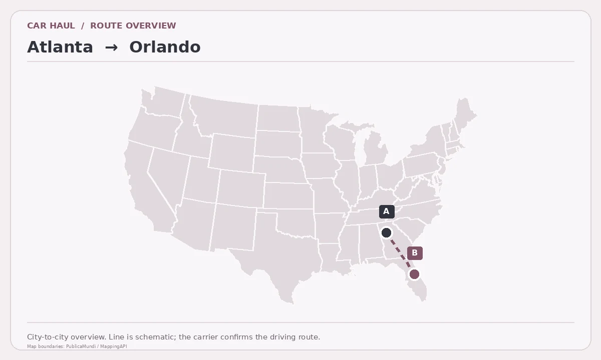 Map showing Atlanta as pickup point A and Orlando as delivery point B in the United States; schematic connection.
