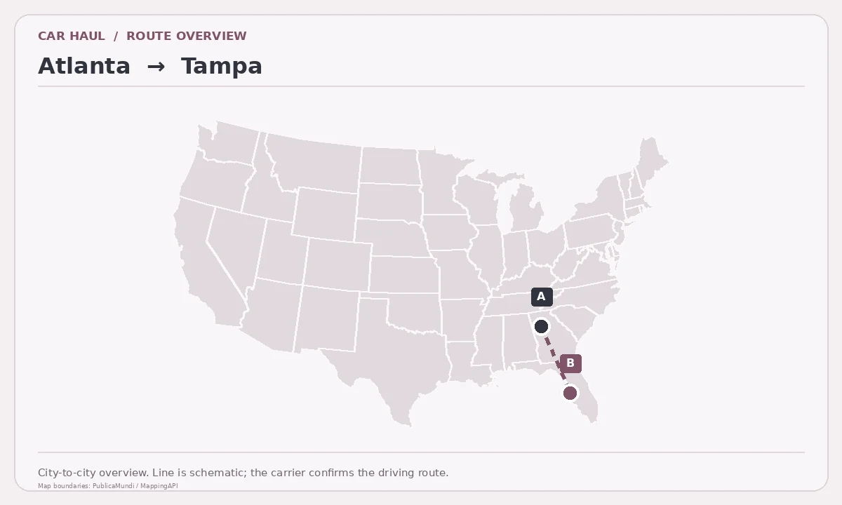 Map showing Atlanta as pickup point A and Tampa as delivery point B in the United States; schematic connection.