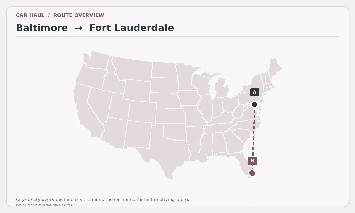 Map showing Baltimore as pickup point A and Fort Lauderdale as delivery point B in the United States; schematic connection.
