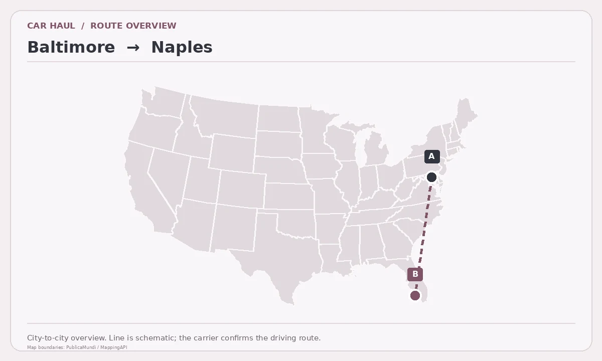 Map showing Baltimore as pickup point A and Naples as delivery point B in the United States; schematic connection.