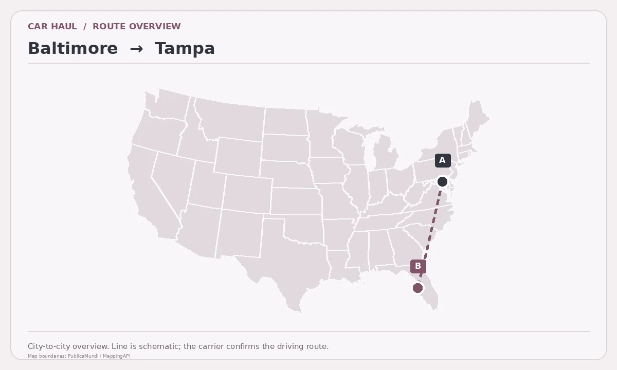 Map showing Baltimore as pickup point A and Tampa as delivery point B in the United States; schematic connection.