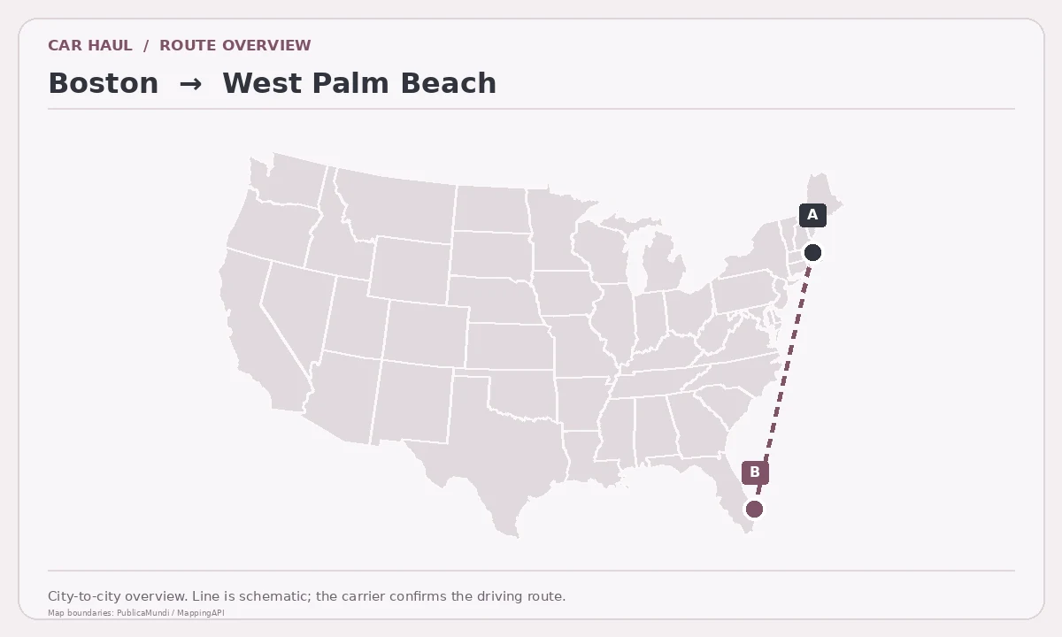 Map showing Boston as pickup point A and West Palm Beach as delivery point B in the United States; schematic connection.