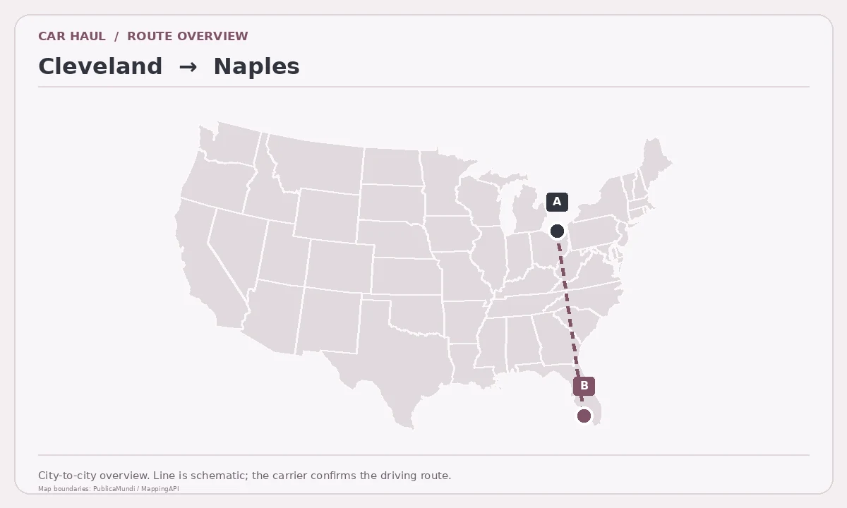 Map showing Cleveland as pickup point A and Naples as delivery point B in the United States; schematic connection.