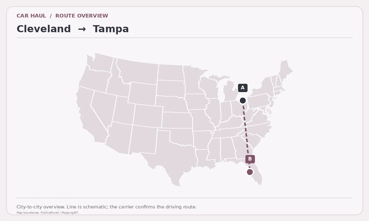 Map showing Cleveland as pickup point A and Tampa as delivery point B in the United States; schematic connection.