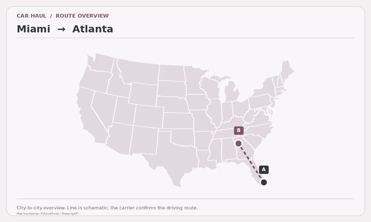 Map showing Miami as pickup point A and Atlanta as delivery point B in the United States; schematic connection.