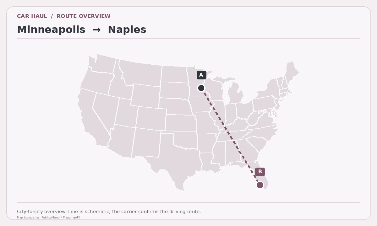 Map showing Minneapolis as pickup point A and Naples as delivery point B in the United States; schematic connection.
