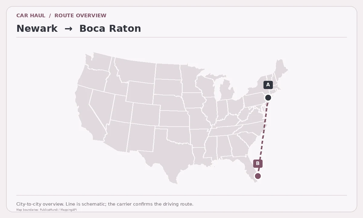 Map showing Newark as pickup point A and Boca Raton as delivery point B in the United States; schematic connection.