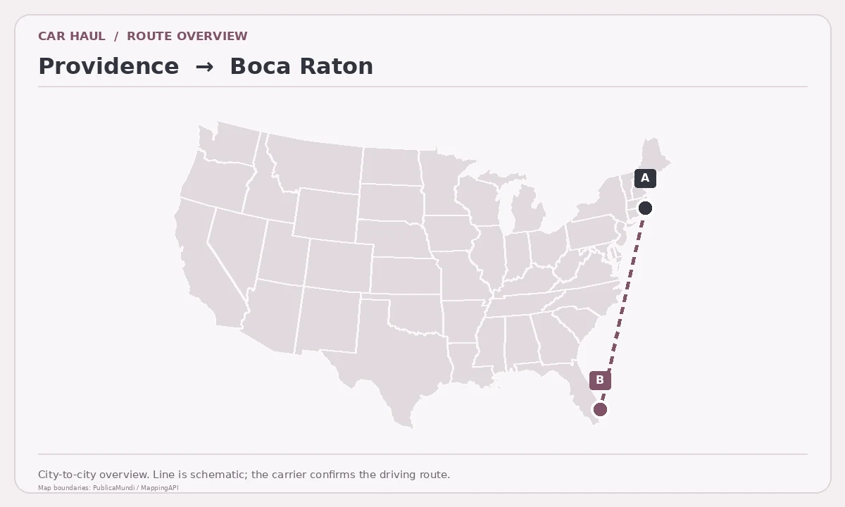 Map showing Providence as pickup point A and Boca Raton as delivery point B in the United States; schematic connection.