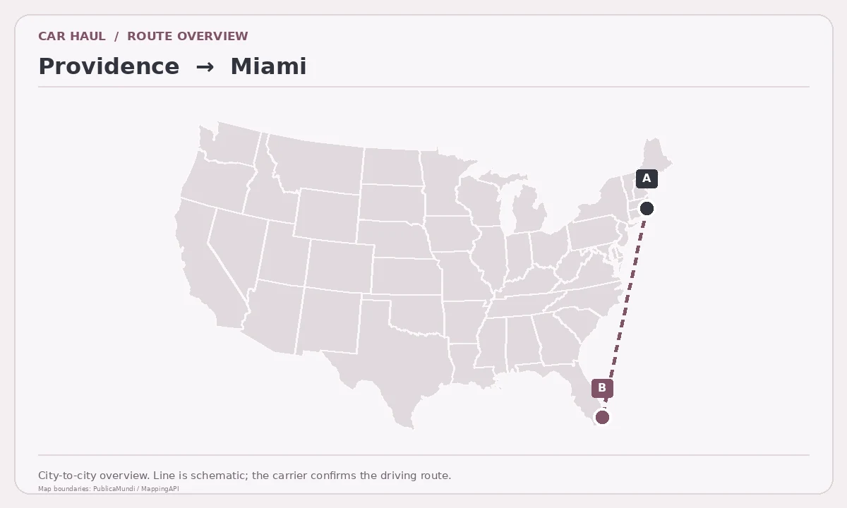 Map showing Providence as pickup point A and Miami as delivery point B in the United States; schematic connection.