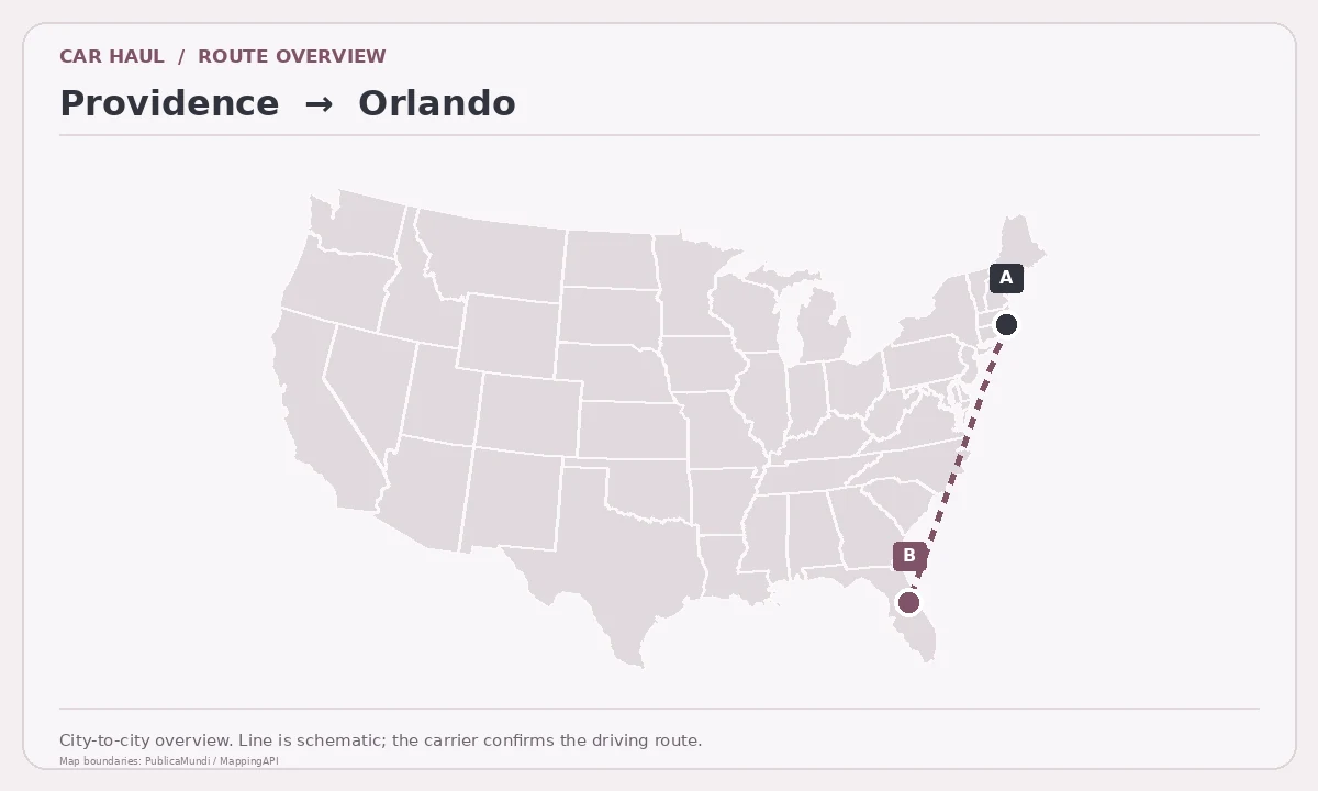 Map showing Providence as pickup point A and Orlando as delivery point B in the United States; schematic connection.
