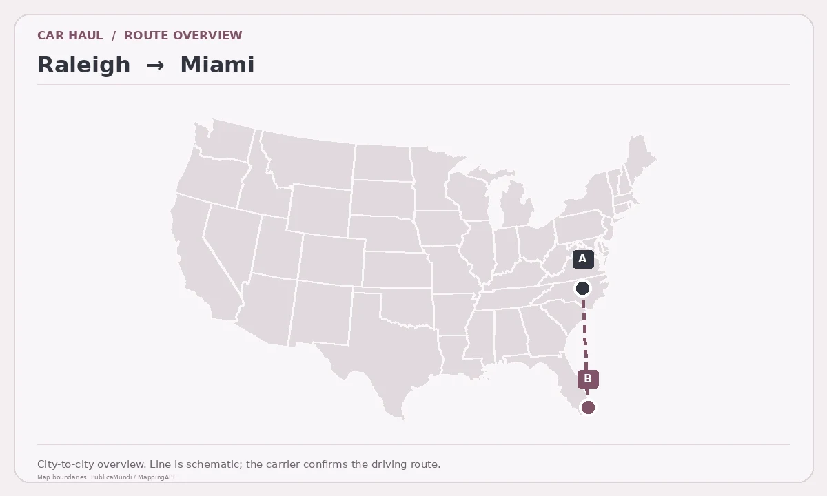 Map showing Raleigh as pickup point A and Miami as delivery point B in the United States; schematic connection.