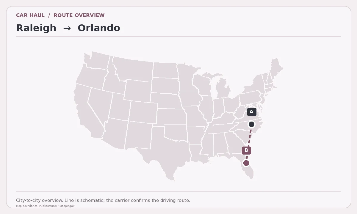 Map showing Raleigh as pickup point A and Orlando as delivery point B in the United States; schematic connection.