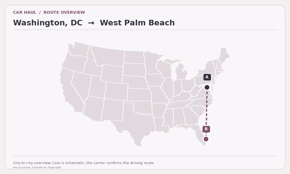 Map showing Washington, DC as pickup point A and West Palm Beach as delivery point B in the United States; schematic connection.