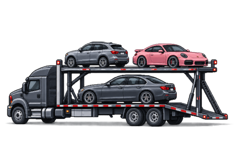 Fine pixel illustration of an open carrier transporting modern cars