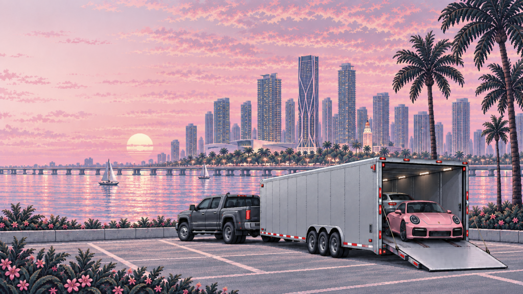 Pixel-art car carrier on a nationwide transport route