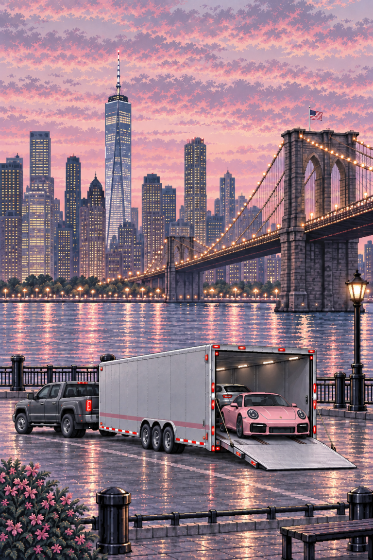 Car carrier arriving at the New York skyline