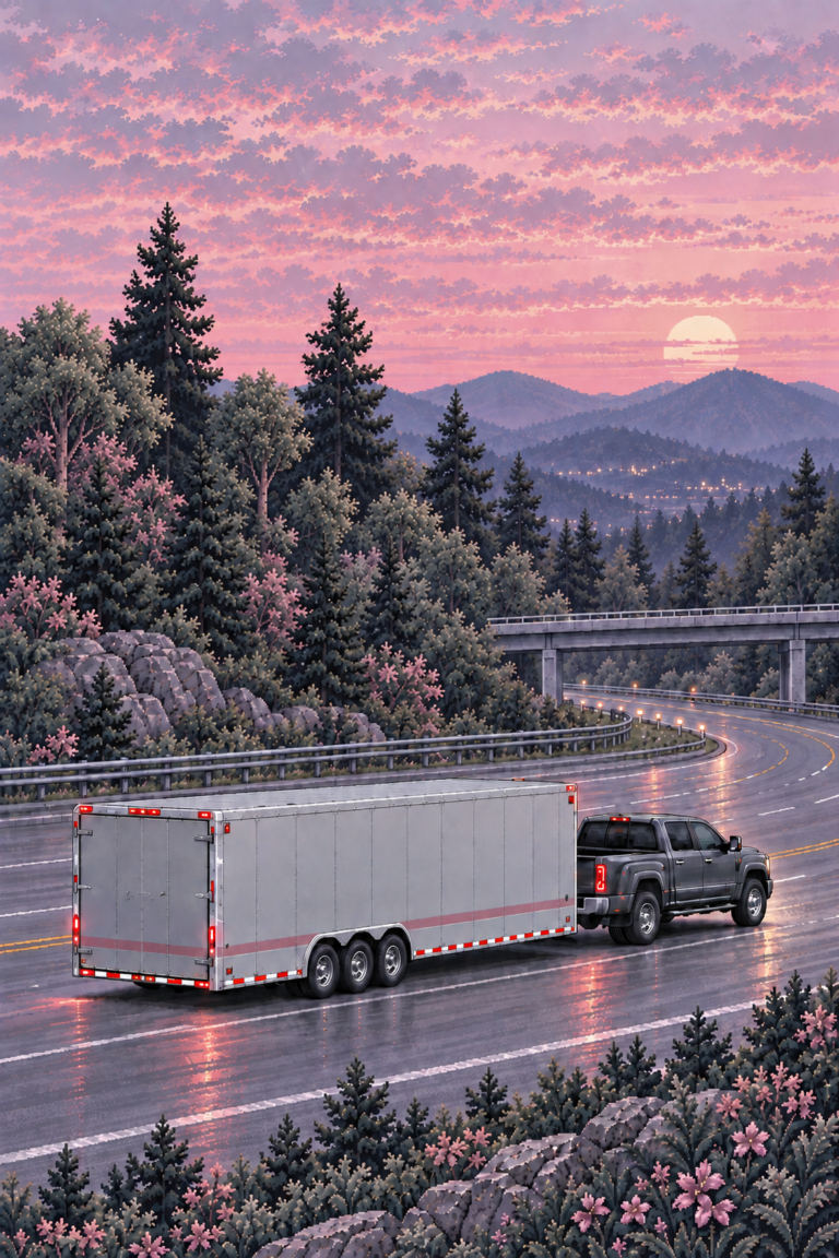 Enclosed car carrier traveling north through changing scenery